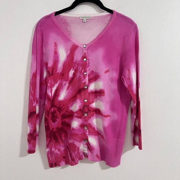 Boston Proper Pink Floral Cardigan Size M Jeweled Snap Button Tie Dye Preppy - Picture 1 of 7